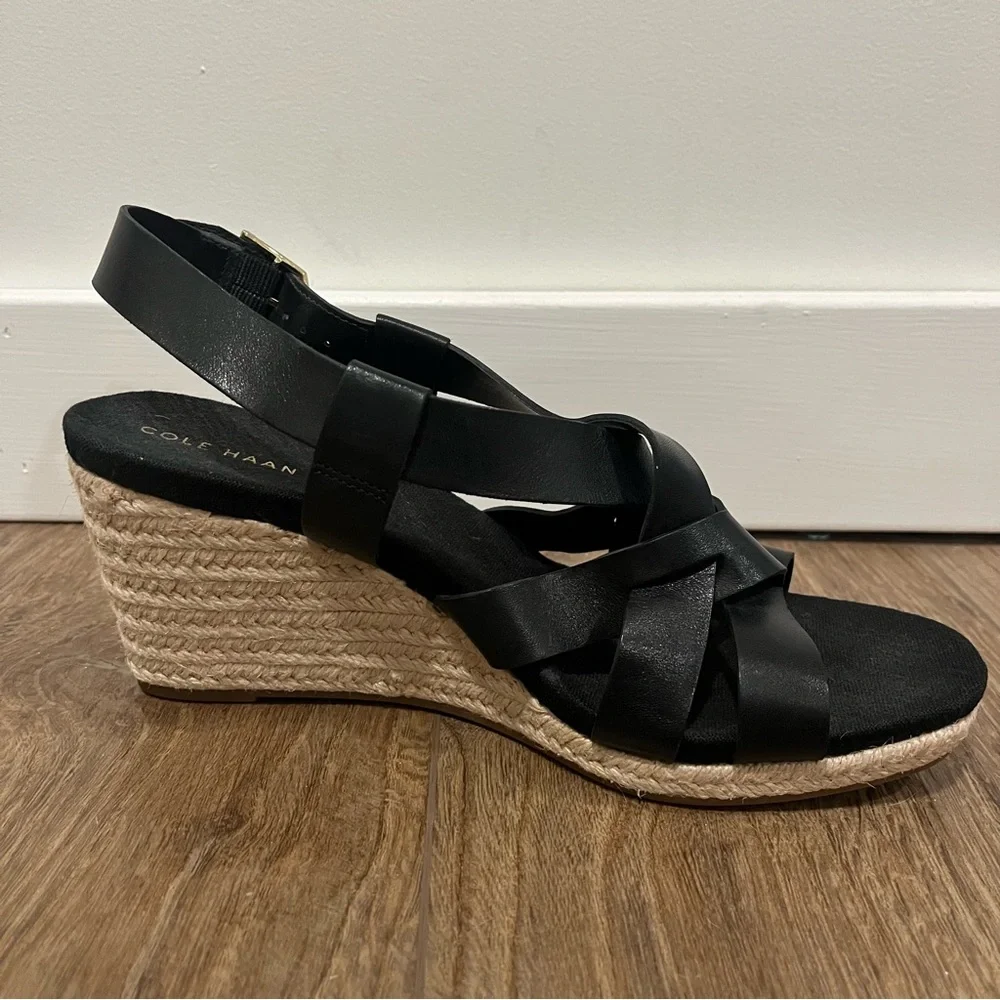 Cole Haan Crystal Wedge Sandals Black‎ Leather Size 7.5B